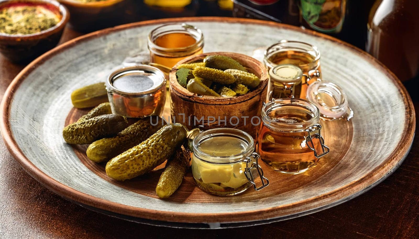 dish of pickles pub food, AI generated image