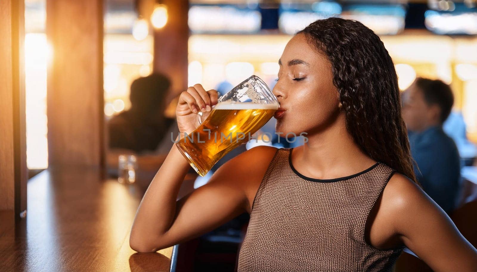 pretty young woman drinking beer in a pub, AI generated image