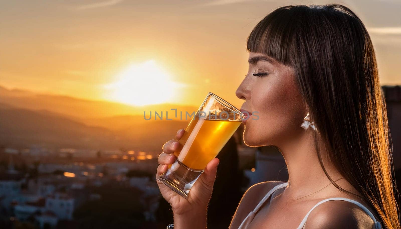 gorgeous young woman drinking tequila cocktail, AI generated image