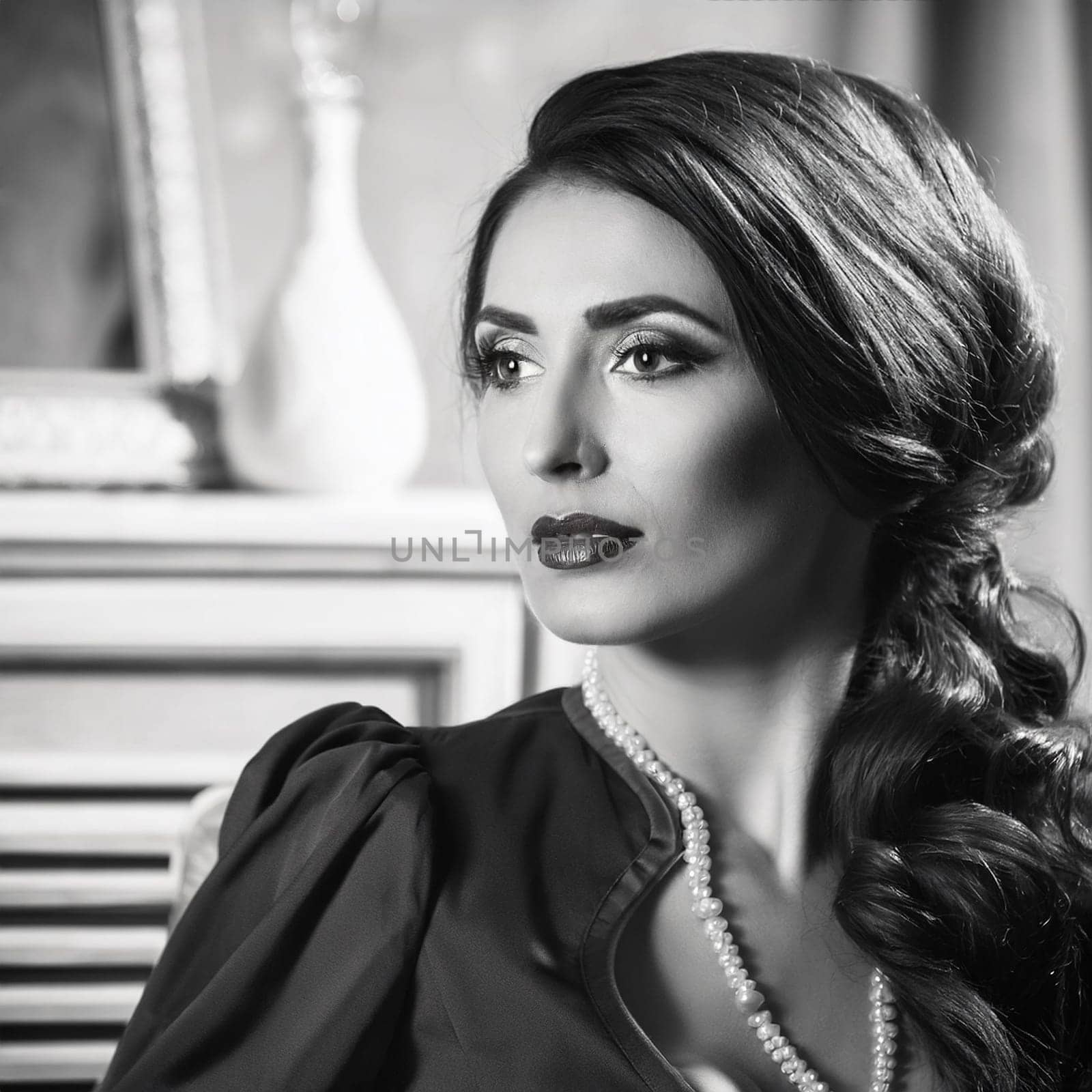 portrait of pretty young woman in black and white, AI generated image