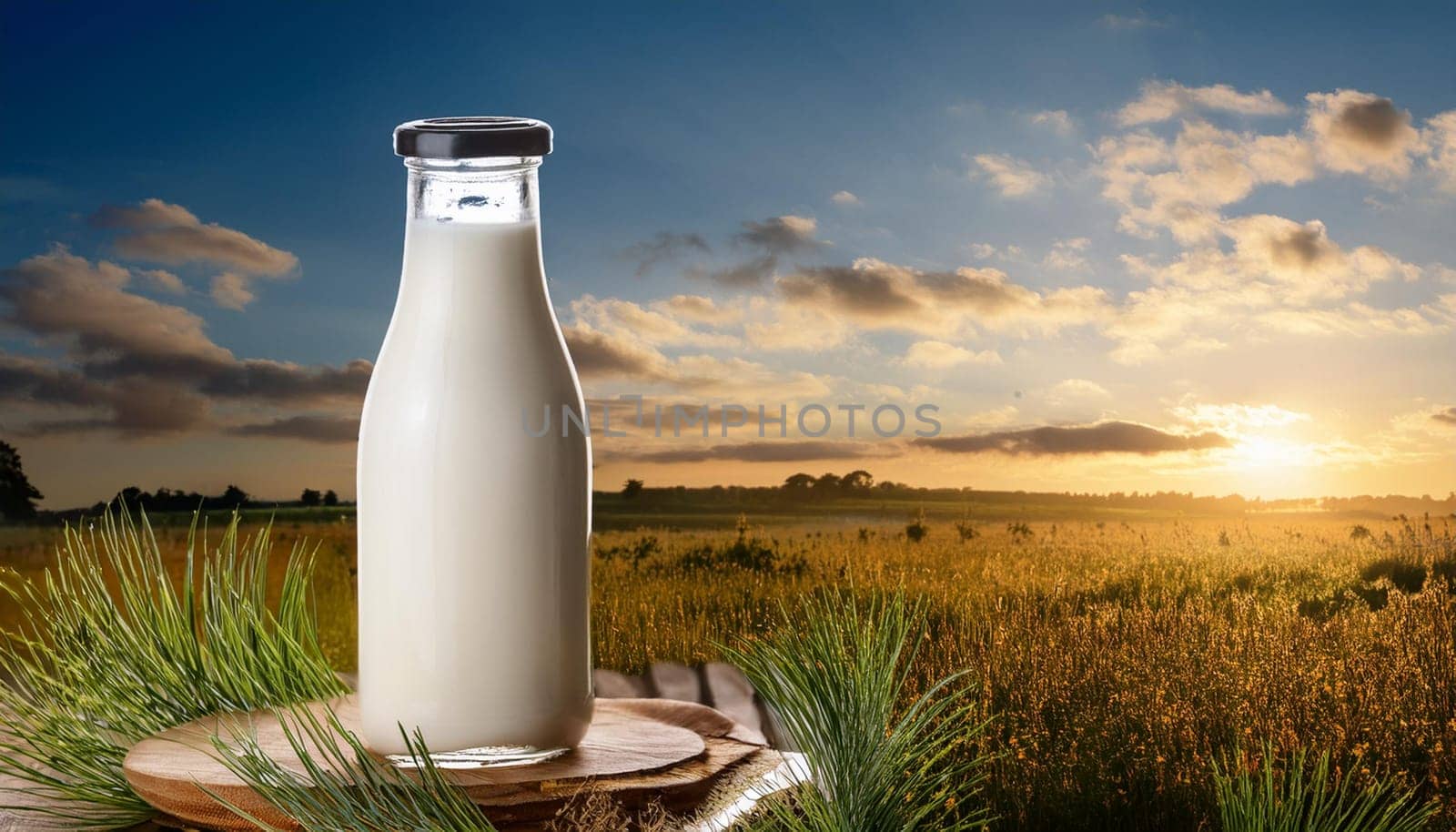 bottle of milk in natural landscape scene, AI generated image