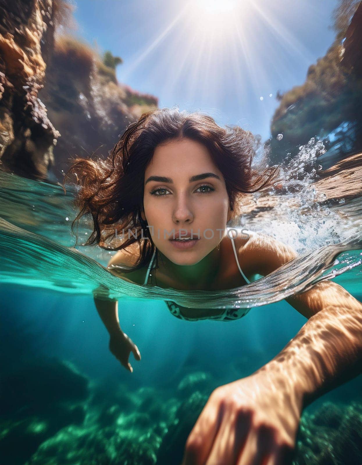 pretty young woman swimming, AI generated image