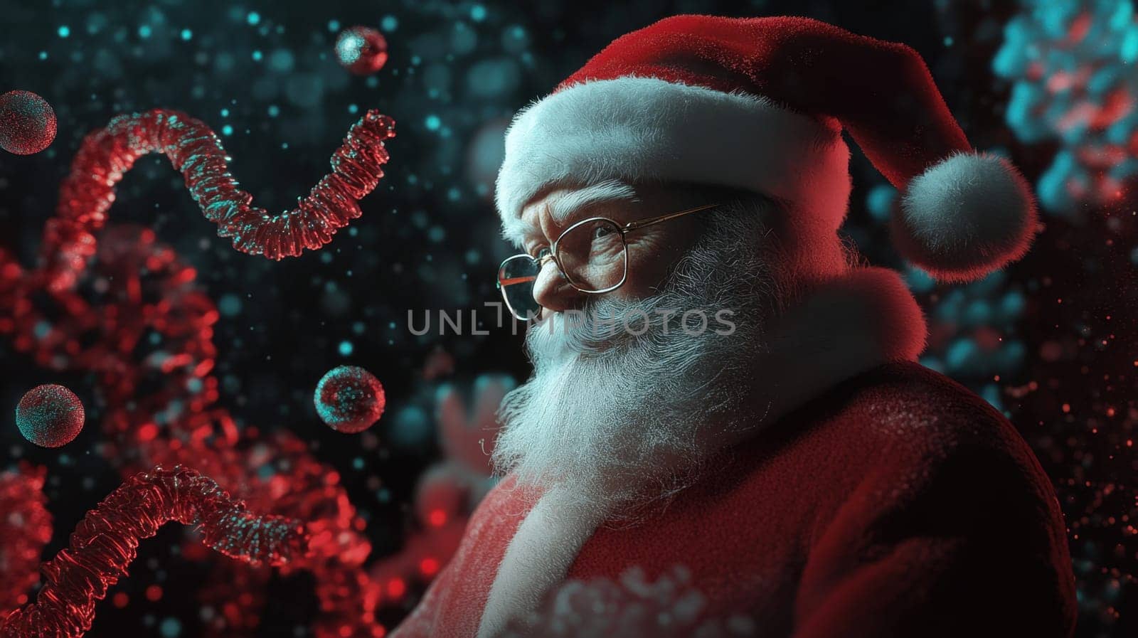An elderly man in a Santa costume with glasses looks thoughtfully amidst colorful decorations and falling snowflakes during a holiday celebration.