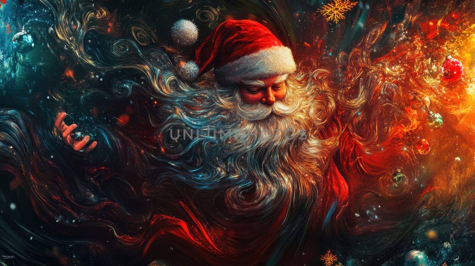 A whimsical Santa Claus conjures festive joy with swirling colors and decorations amidst a snowy winter night.