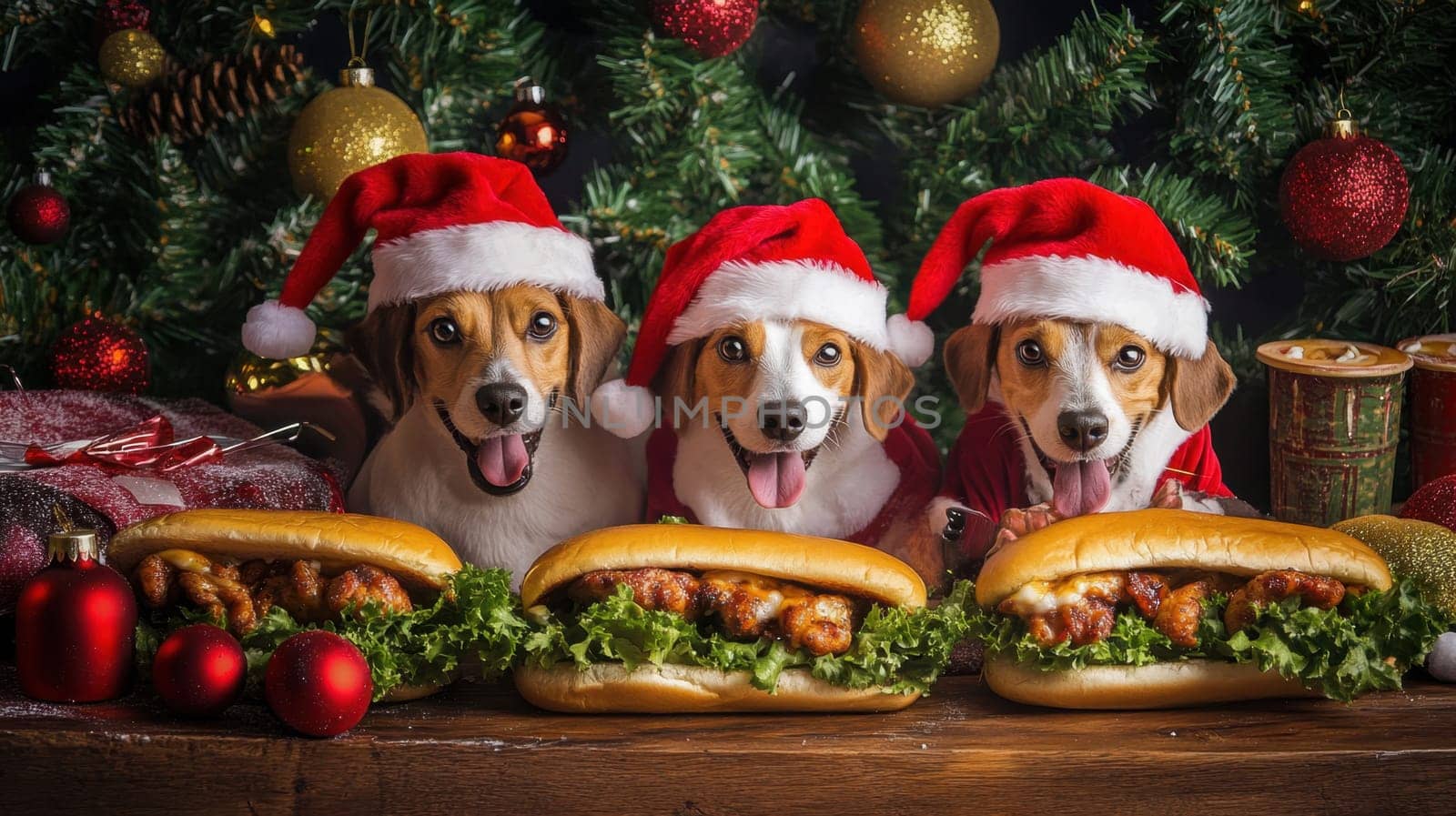 Three cheerful dogs wearing Santa hats sit together each enjoying a large sandwich while surrounded by holiday decorations.