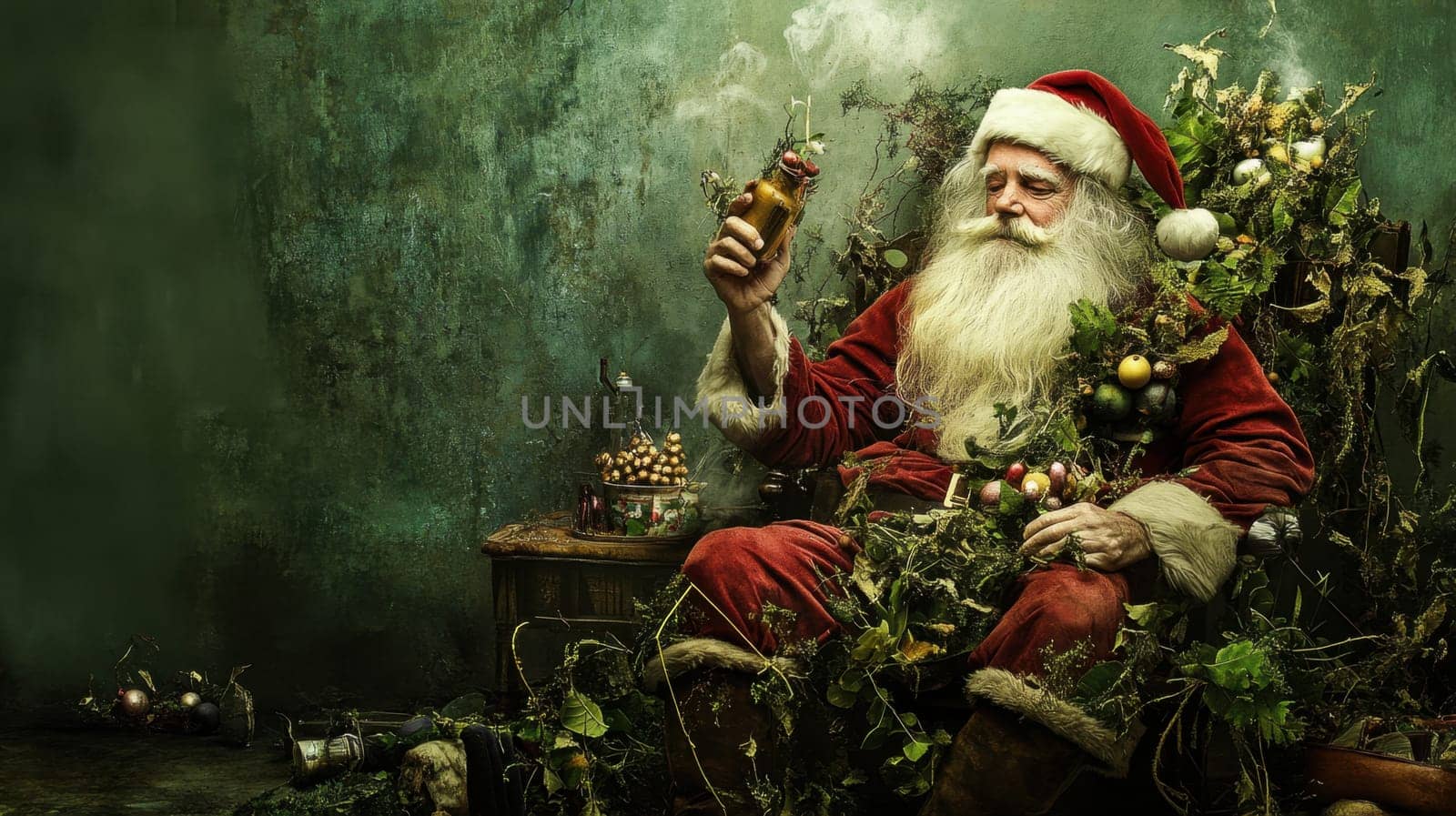 Santa sits serenely surrounded by greenery while holding a drink blending the festive spirit with natural elements.