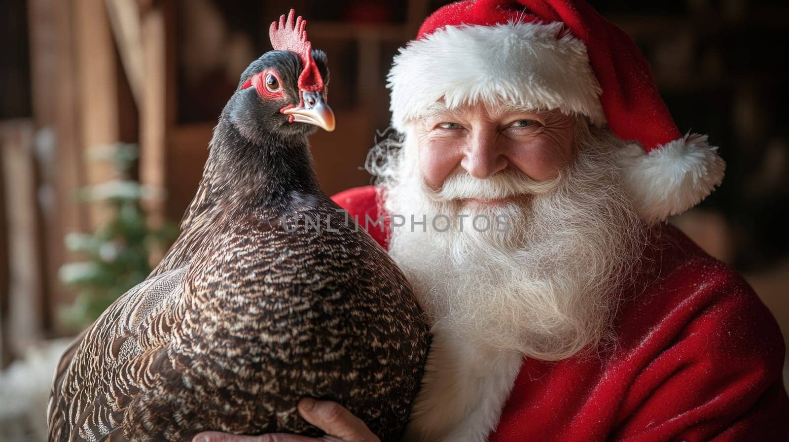 A joyful figure dressed as Santa holds a large bird while smiling in a cozy holiday setting filled with decorations.