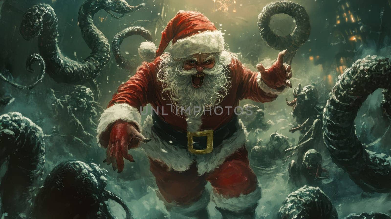A formidable Santa Claus battles eerie tentacled monsters in a snowy surreal night filled with shadows and tension.