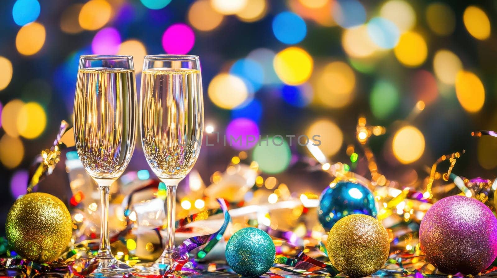 Two elegant glasses filled with bubbly drink sit amidst colorful decorations during a lively celebration with bright lights.