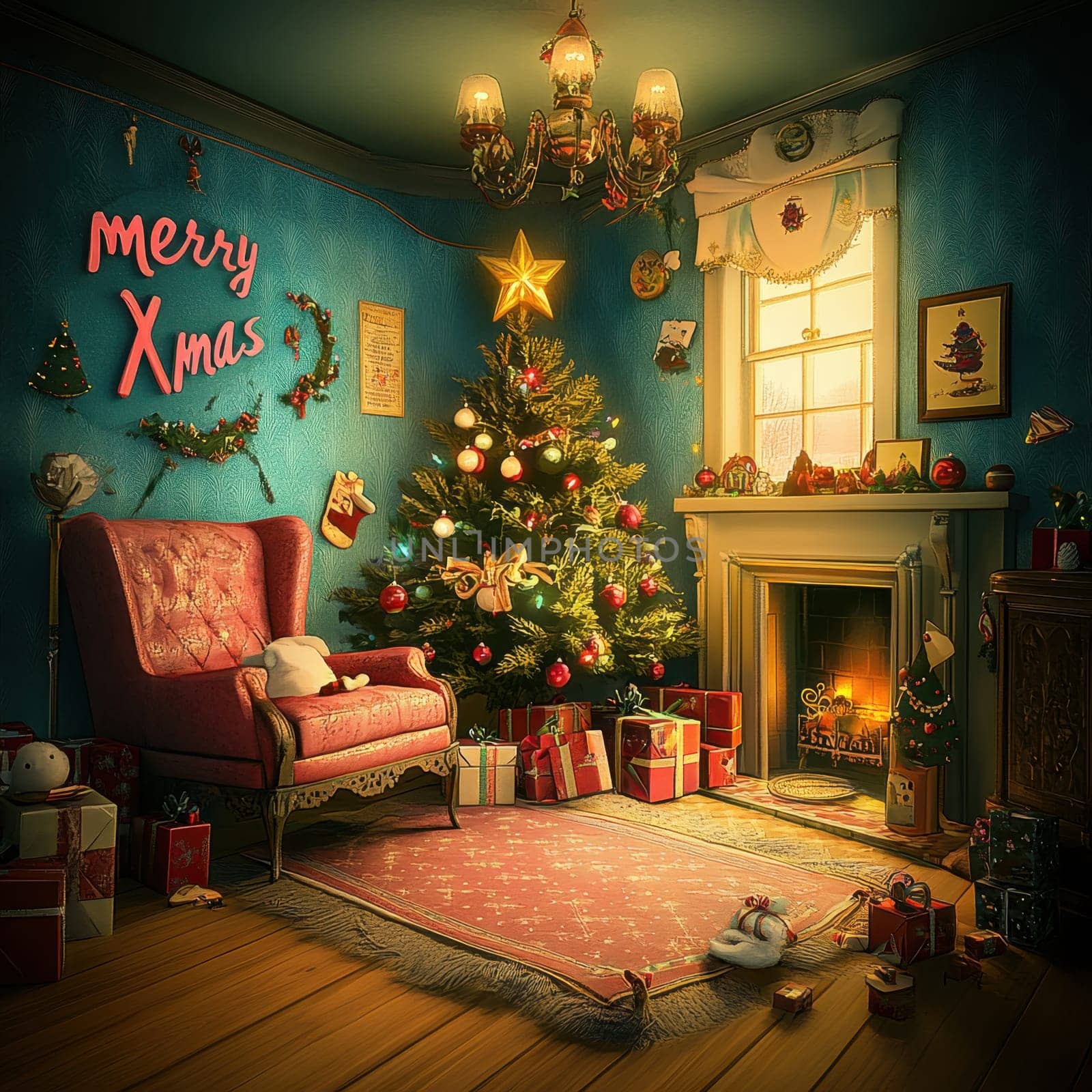 A warm and inviting living space decorated for Christmas featuring a beautifully adorned tree presents and a glowing fireplace.