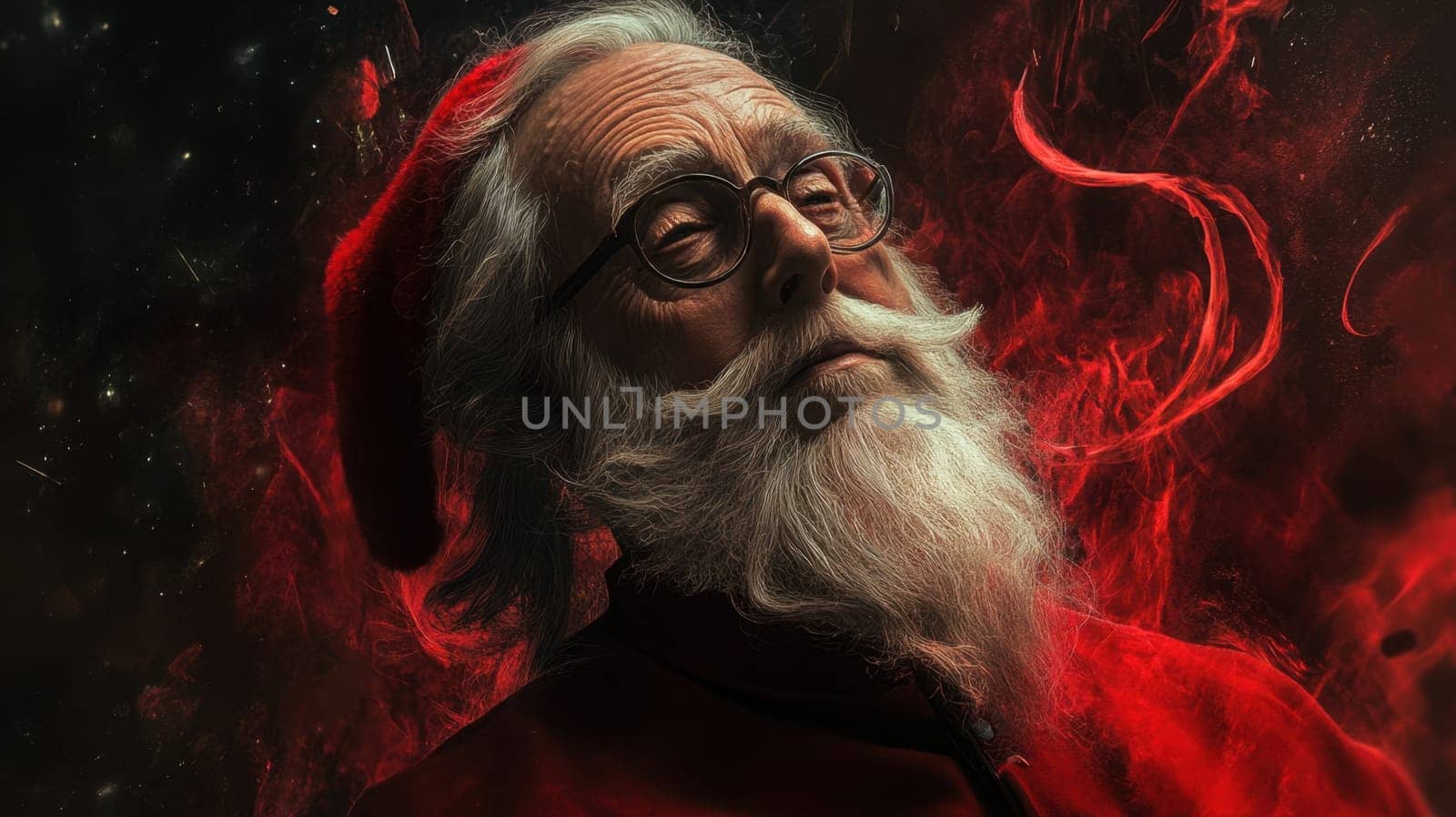 An elderly man in a red Santa suit contemplates with a serene expression surrounded by swirling mystical elements.