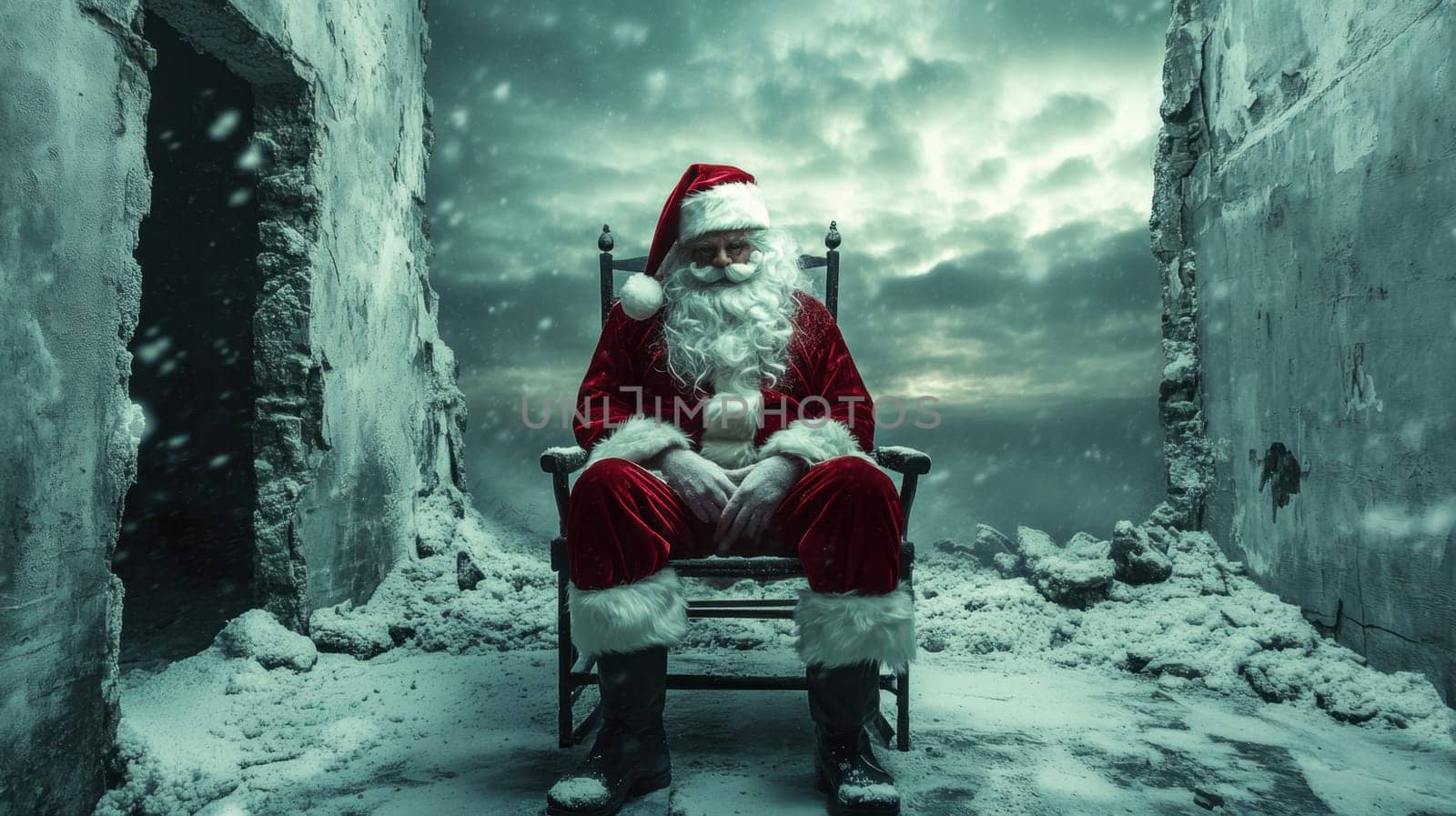 A figure dressed as Santa Claus sits in a dilapidated room covered in snow creating a mysterious and eerie atmosphere.