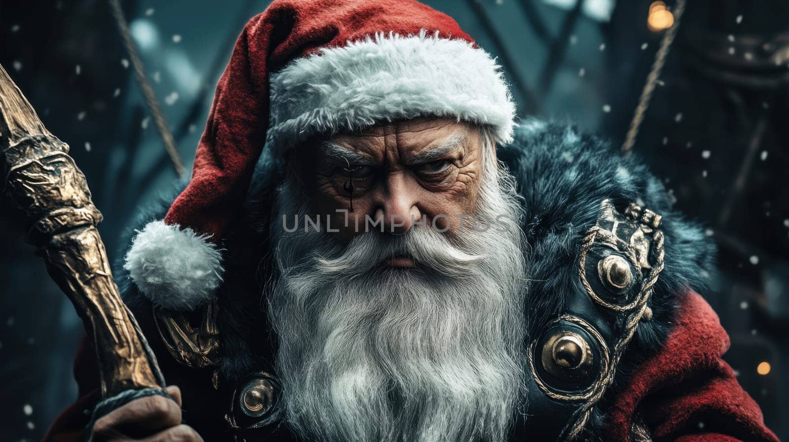 A figure dressed as Santa stands in the shadows looking intense and ready for an adventure as snowfall surrounds him.