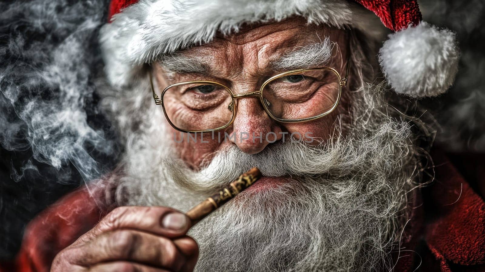 A jolly figure in a Santa costume takes a moment to relax enjoying a pipe while surrounded by festive cheer and holiday spirit.