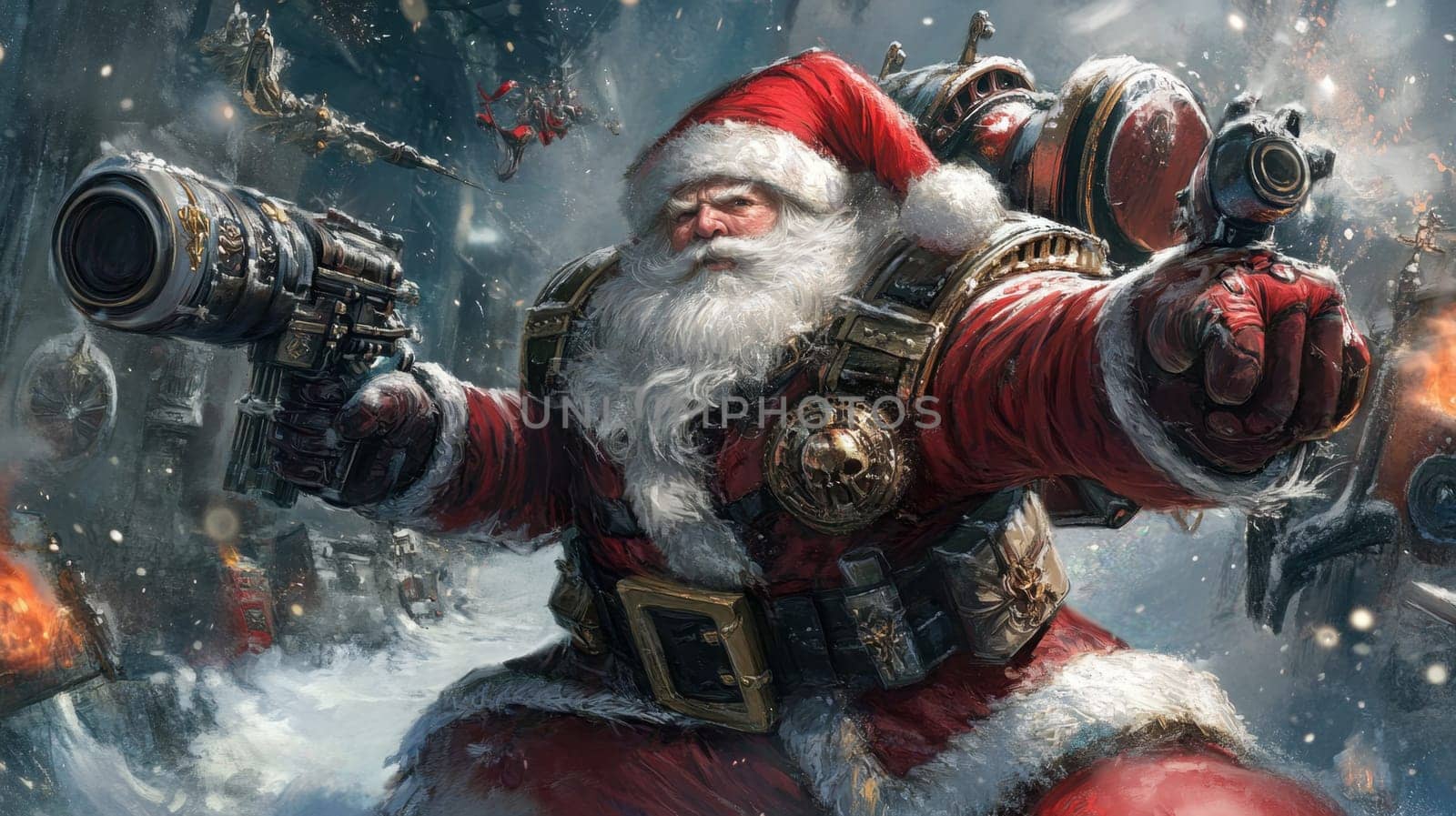 A fierce Santa Claus armed with futuristic weapons stands boldly against a snowy backdrop filled with chaos and action.