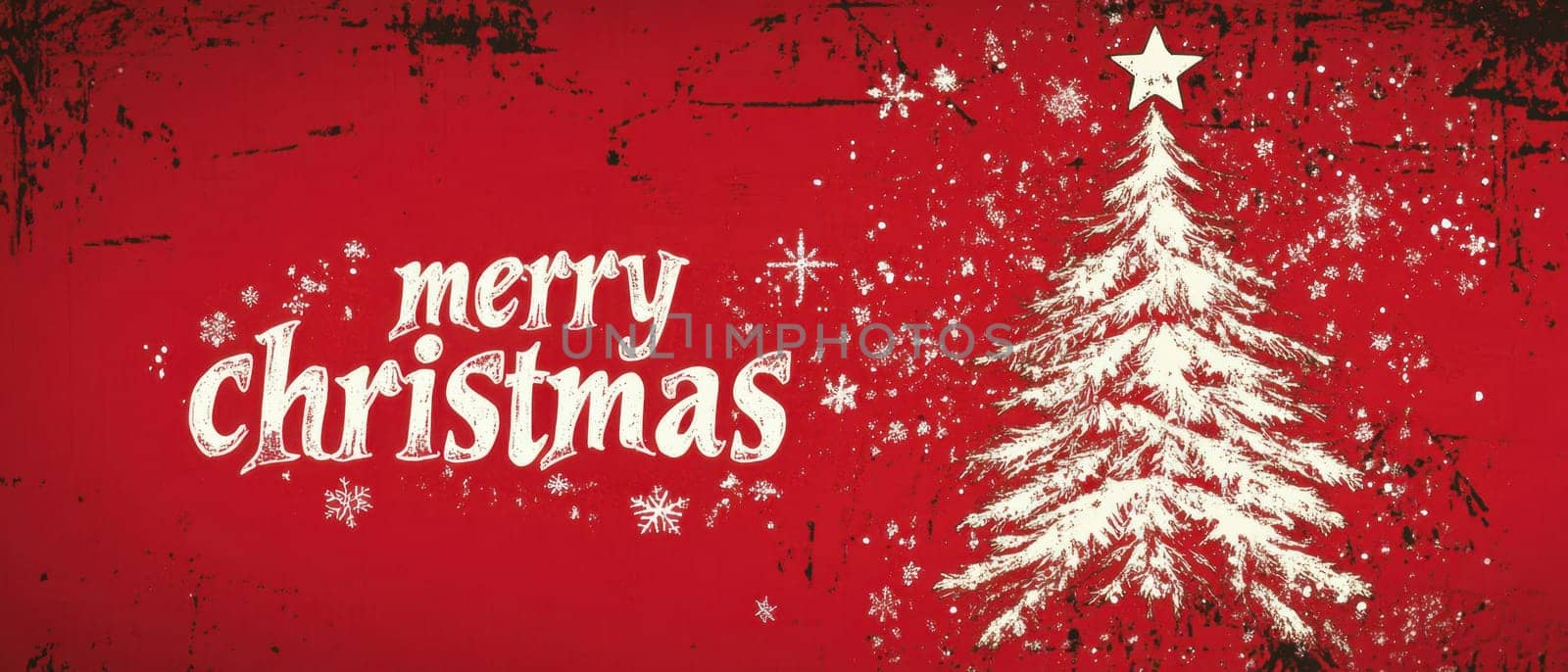 A beautifully drawn Christmas tree with snowflakes on a vibrant red background celebrates the holiday spirit.