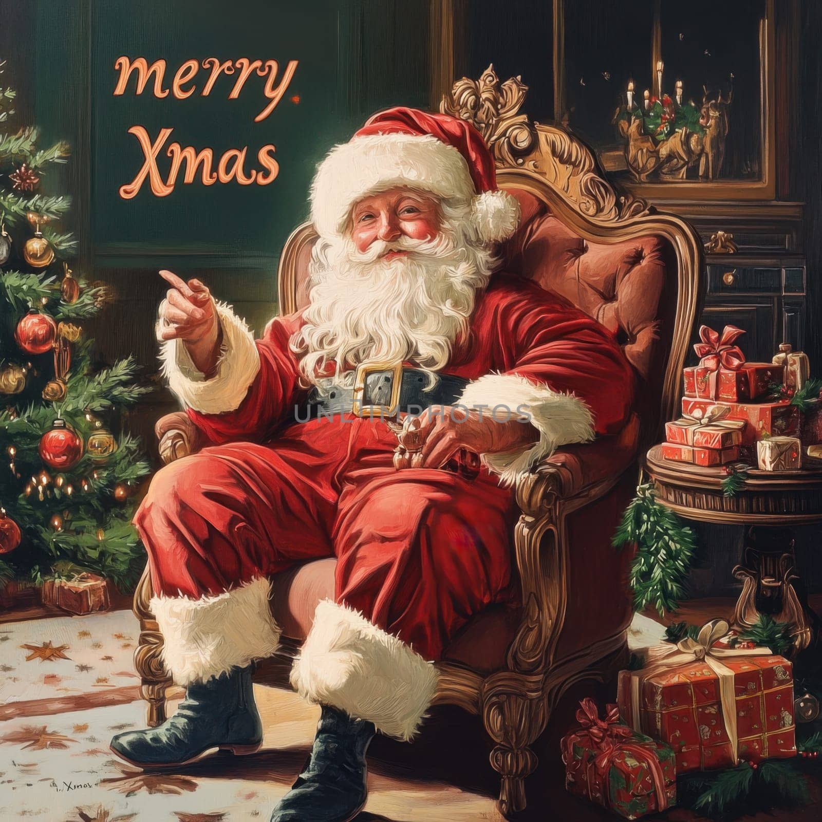 A cheerful Santa Claus toasts the holiday spirit while seated in a plush chair next to a decorated Christmas tree and wrapped gifts.