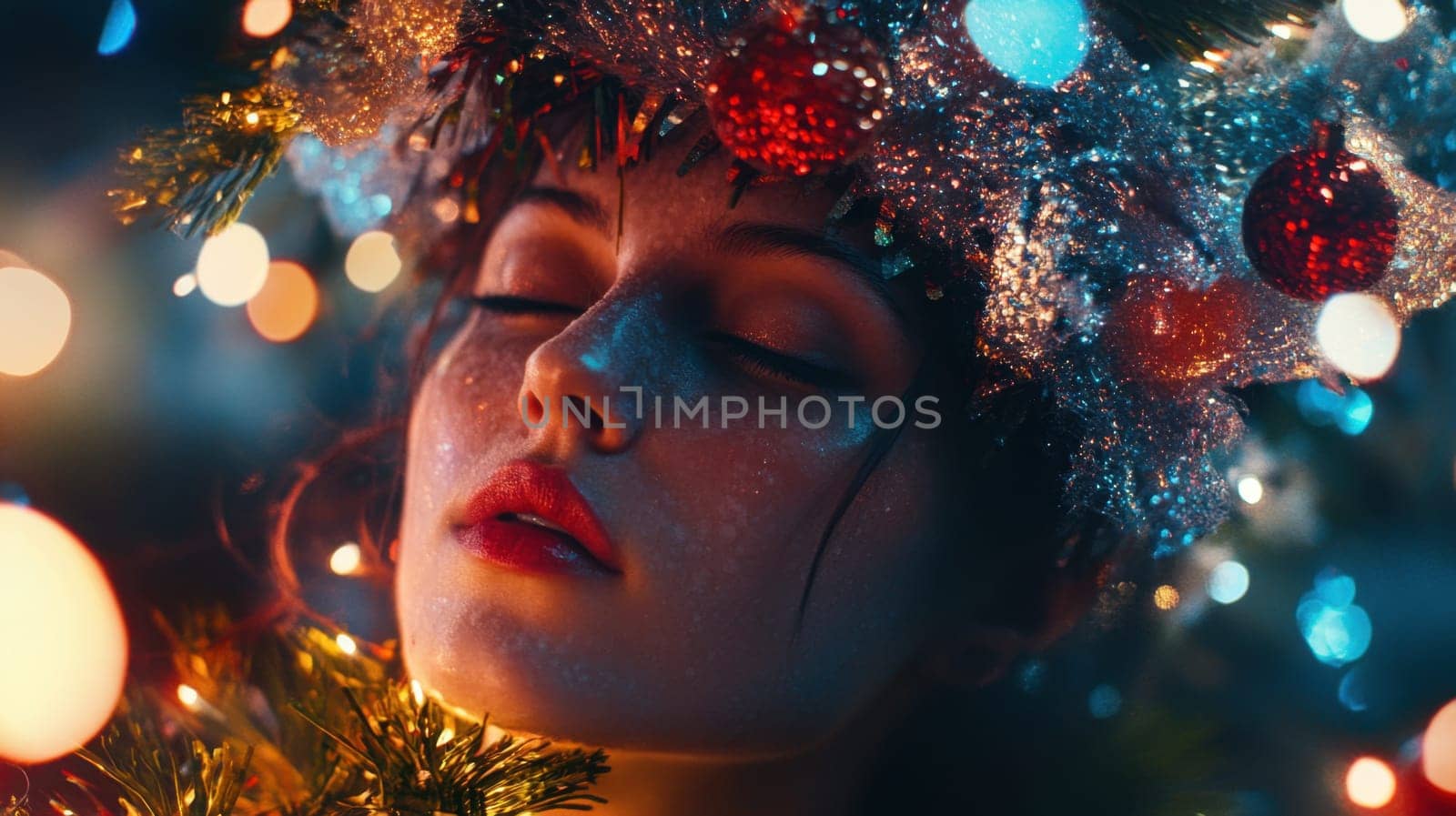 A young woman is adorned with a holiday themed headpiece surrounded by twinkling lights and ornaments creating a joyful atmosphere.