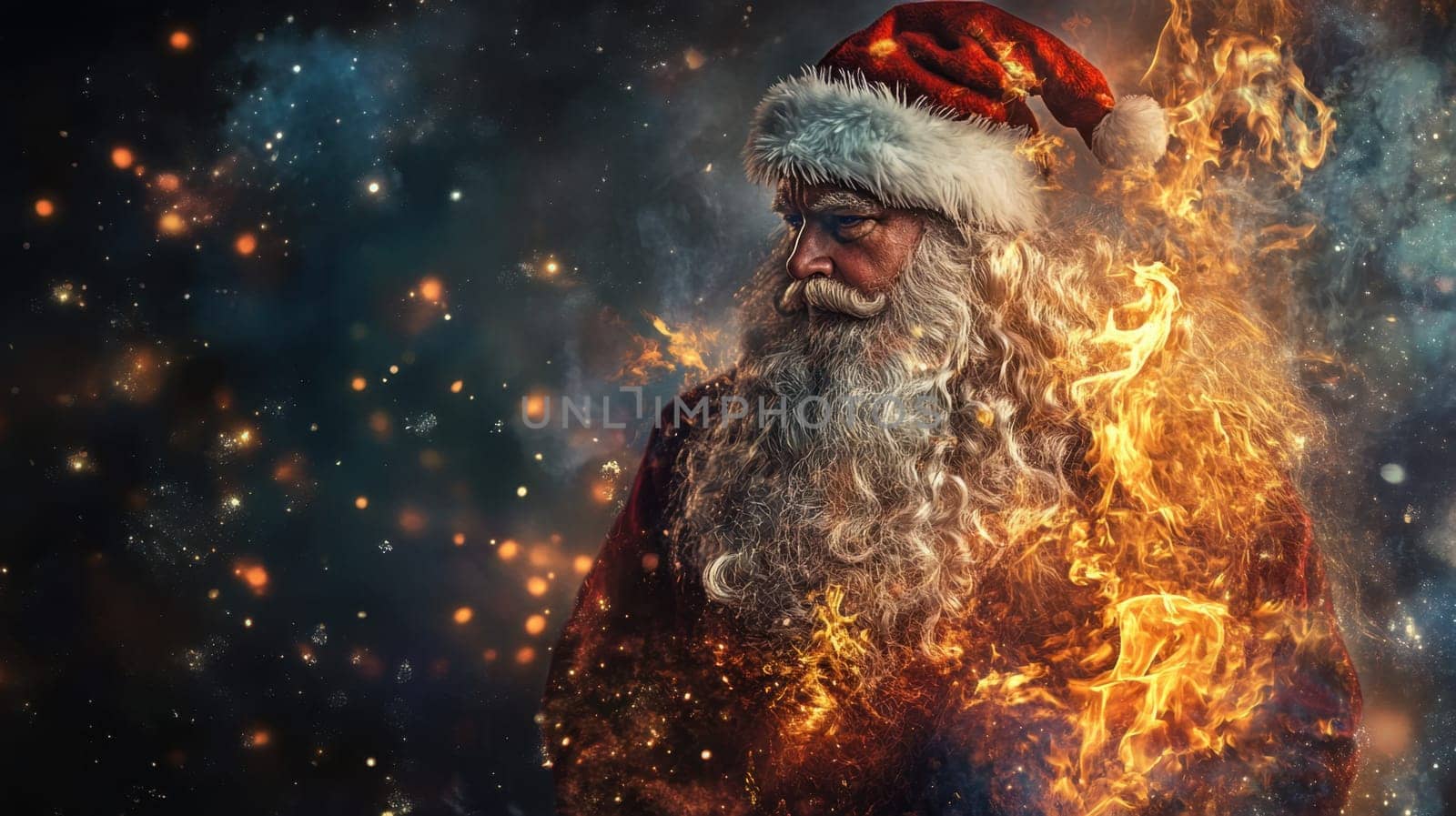 A mystical portrayal of Santa Claus with fiery elements and swirling lights creating a magical holiday ambiance.