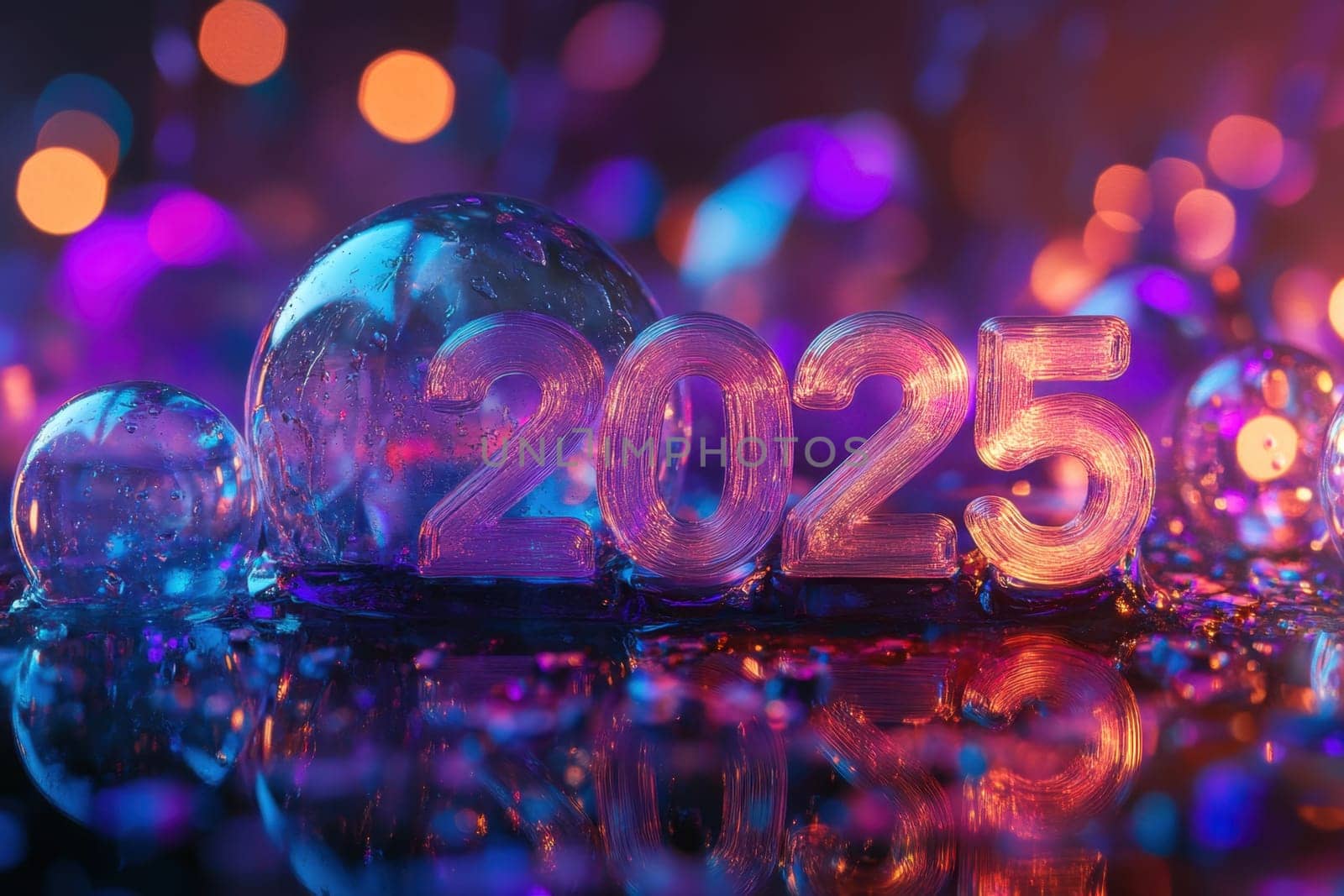The vibrant display of the year 2025 is surrounded by colorful bubbles and shimmering lights evoking a festive atmosphere.