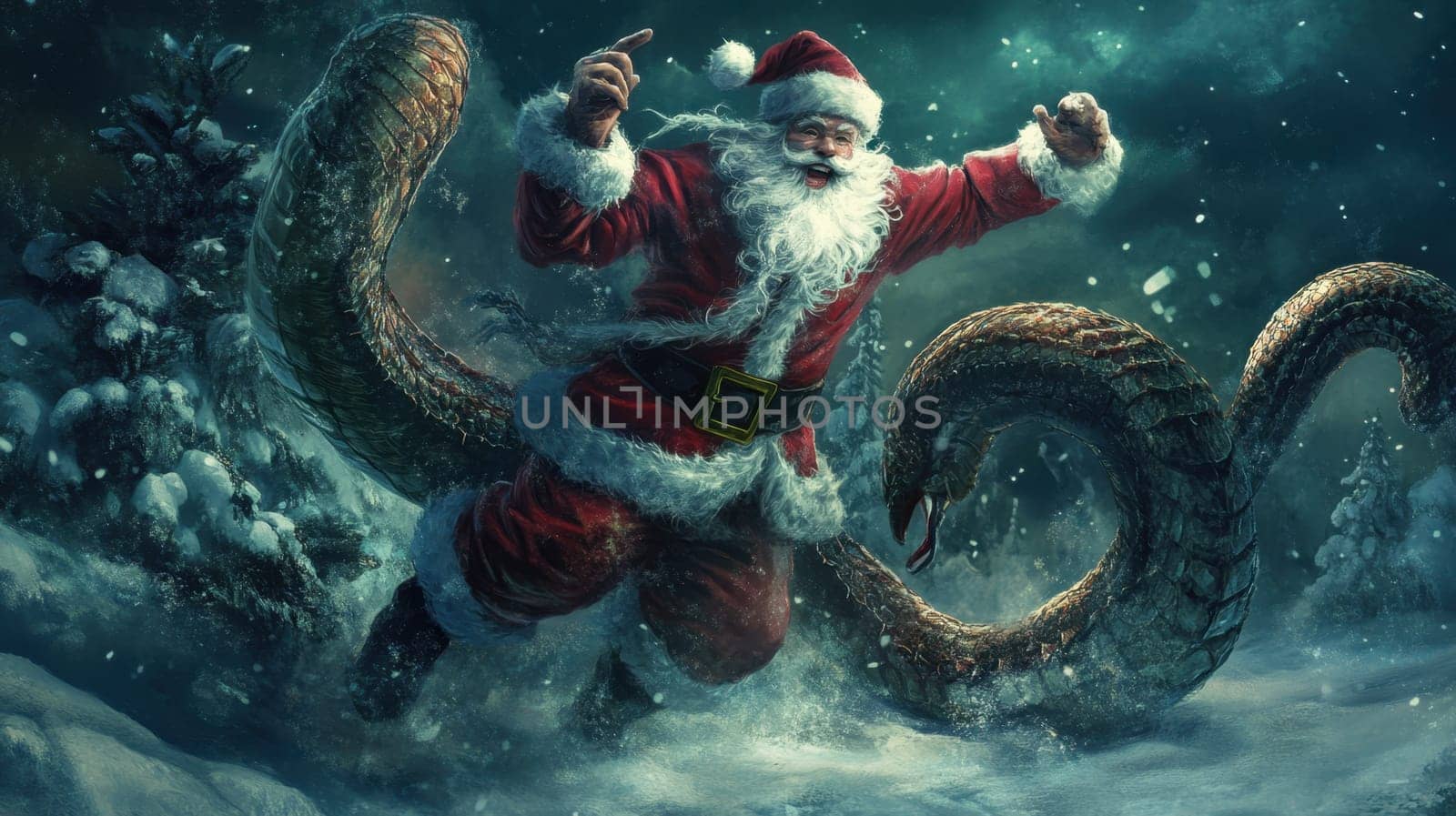 Santa Claus joyfully confronts a massive serpent amidst a snowy forest blending holiday spirit with a fantastical battle scene.