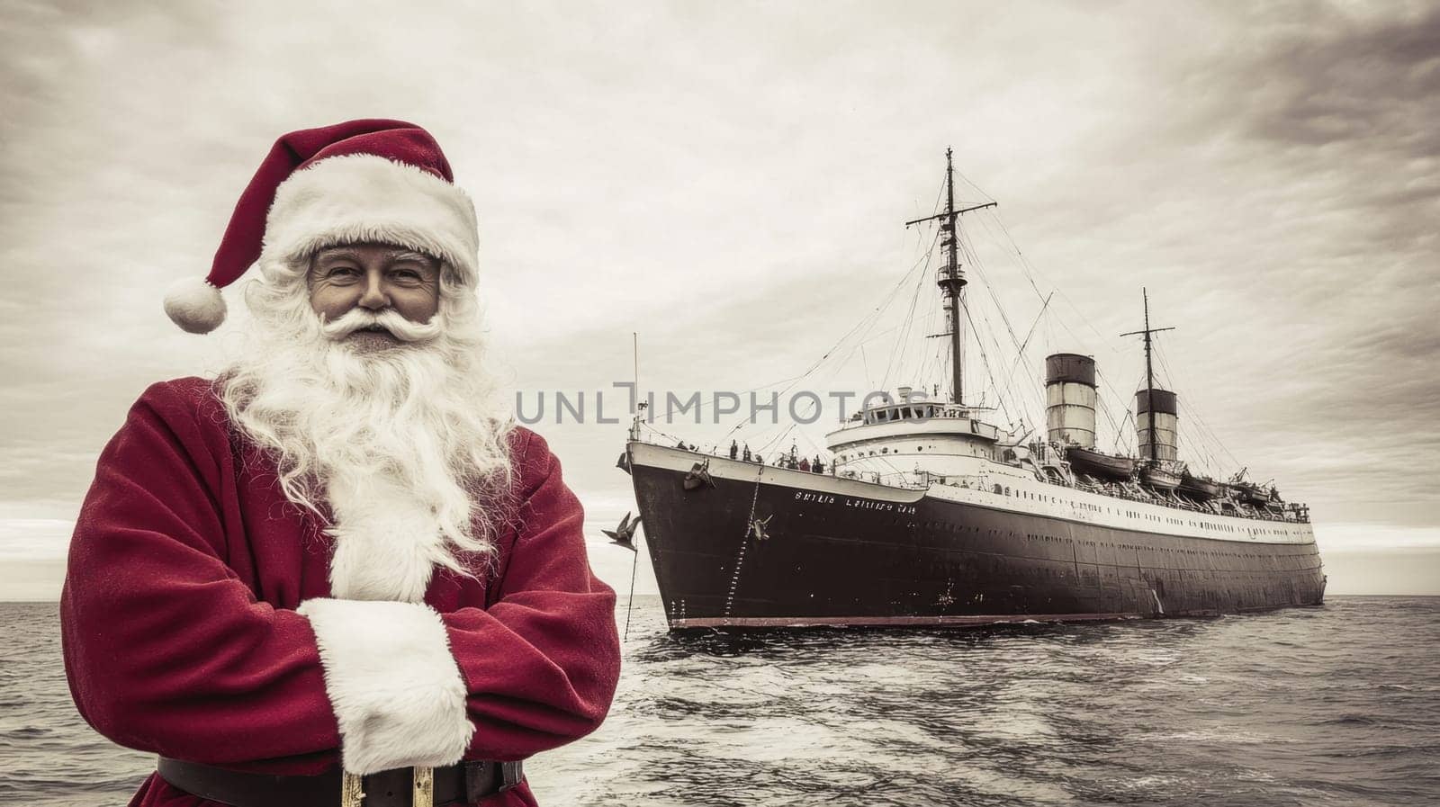 A joyful Santa stands with arms crossed near a large historic ship on a calm winter day by the shore.