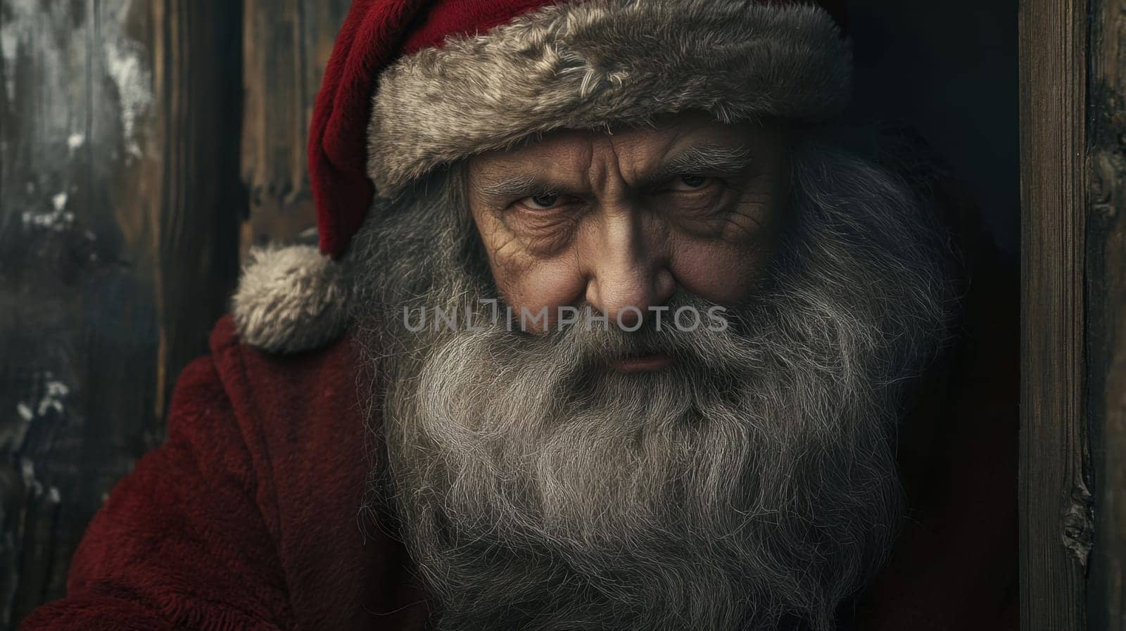 An old man in a red Santa costume with a long beard stands by a cabin staring intently into the distance with a serious expression.
