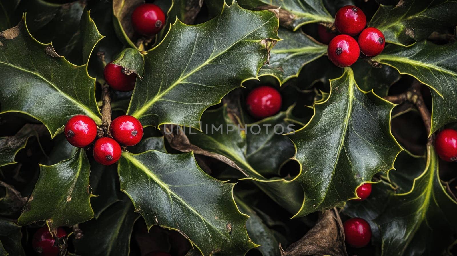 Bright red berries nestled among dark green holly leaves create a striking winter display showcasing natures beauty in cold months.