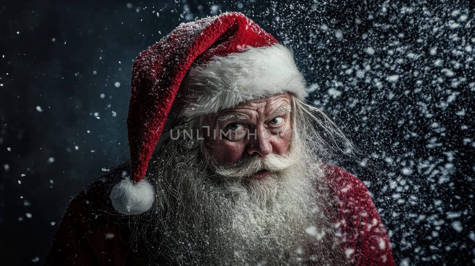An elderly man with a white beard wears a red Santa hat while snowflakes gently fall around him capturing a festive winter spirit.