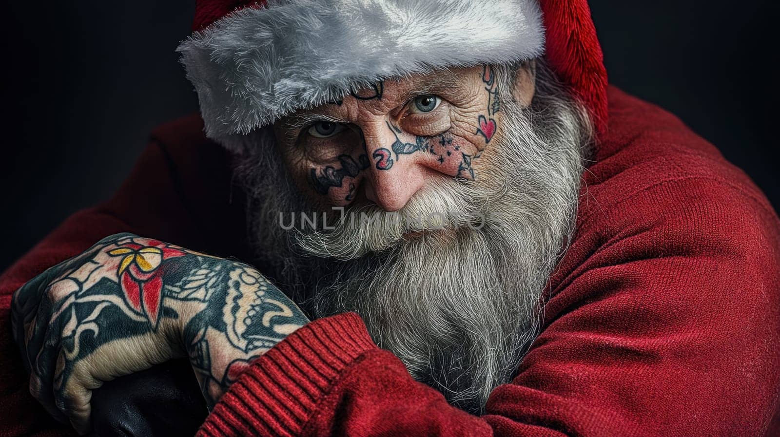 A tattooed Santa Claus poses warmly displaying his intricate ink designs while spreading festive cheer in a cozy atmosphere.