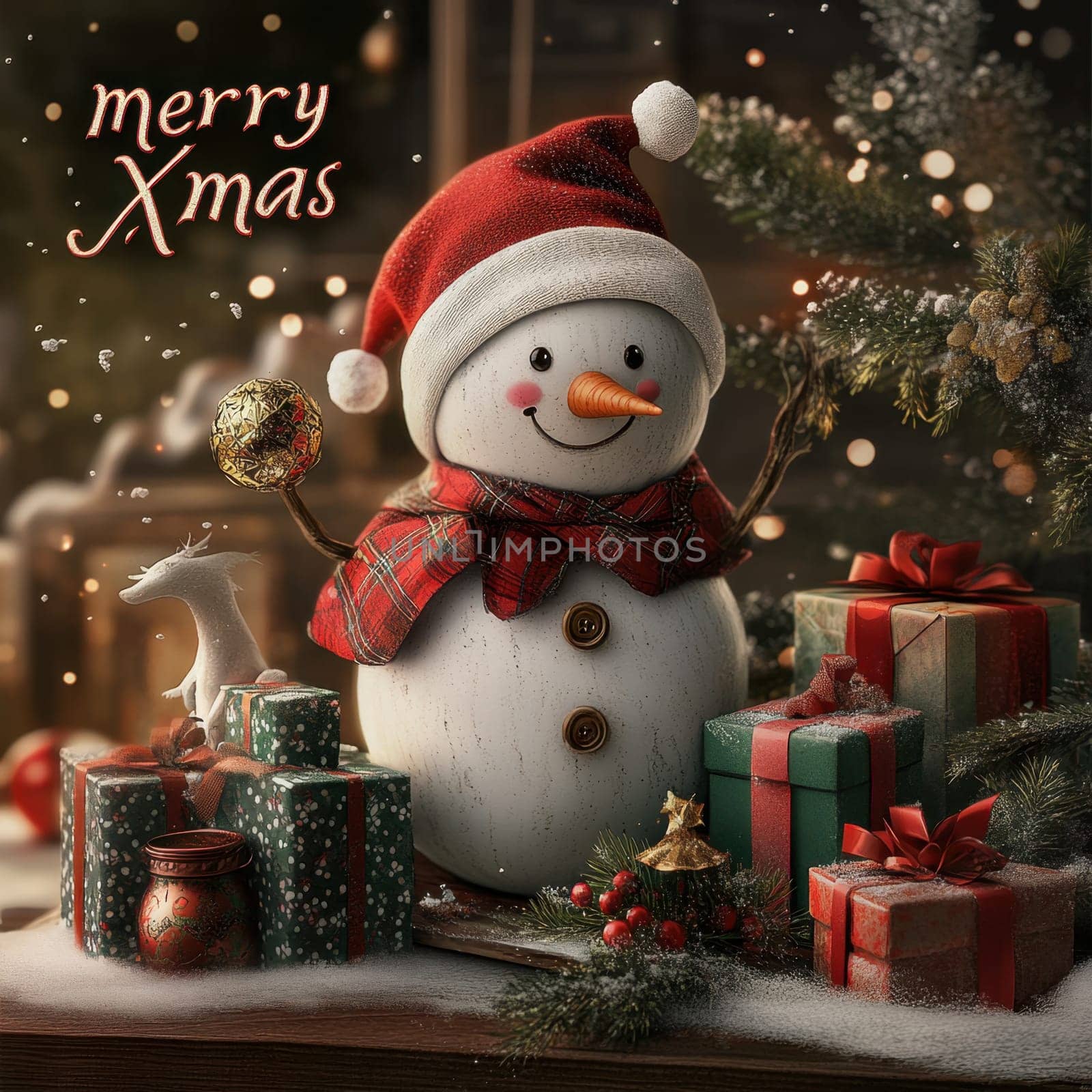 A cheerful snowman wearing a red hat sits among colorful Christmas gifts and decorations radiating festive joy during the holiday season.
