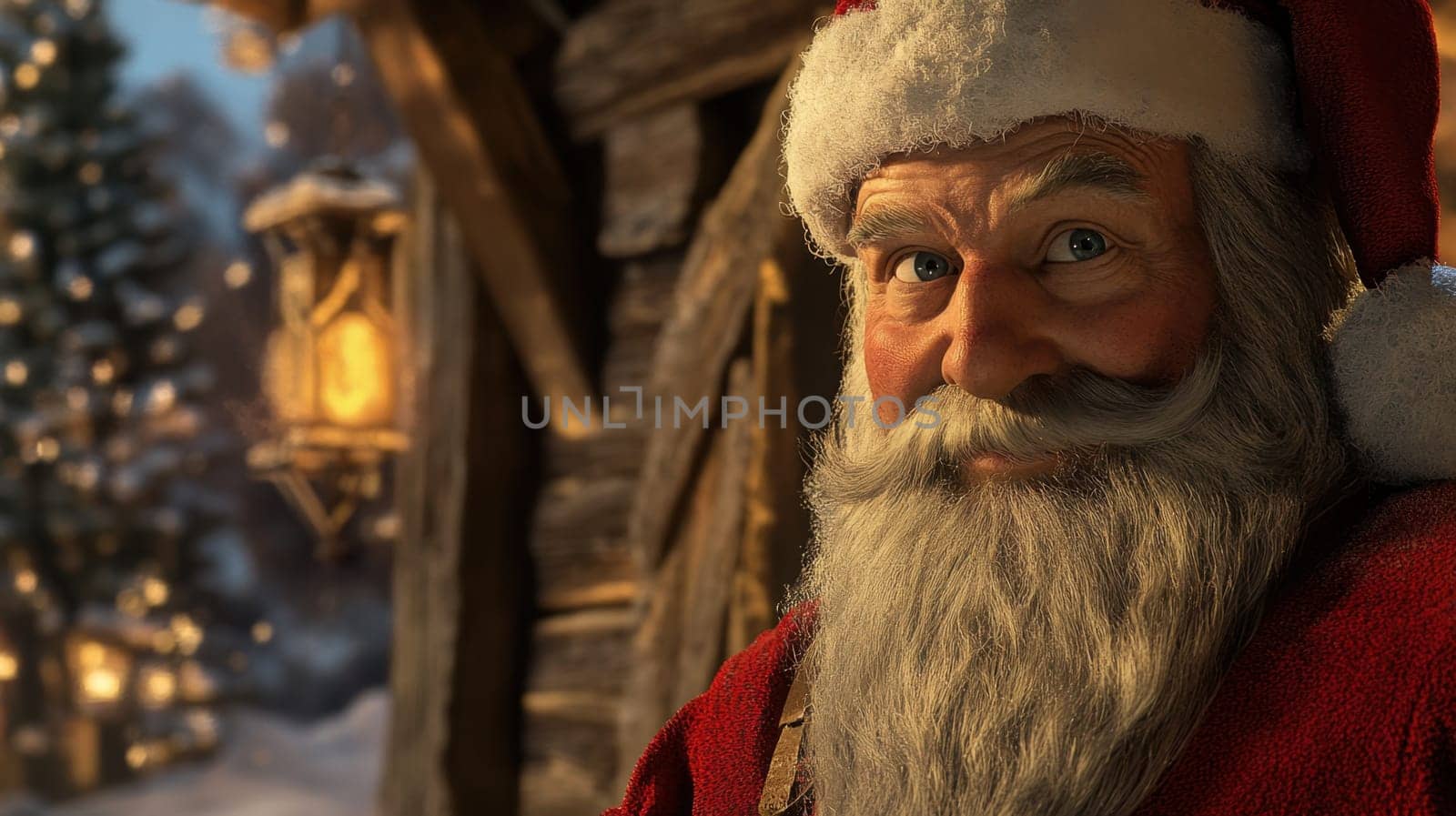 A cheerful man dressed in a red Santa suit stands in front of a cozy cabin covered in snow with warm lights glowing nearby.