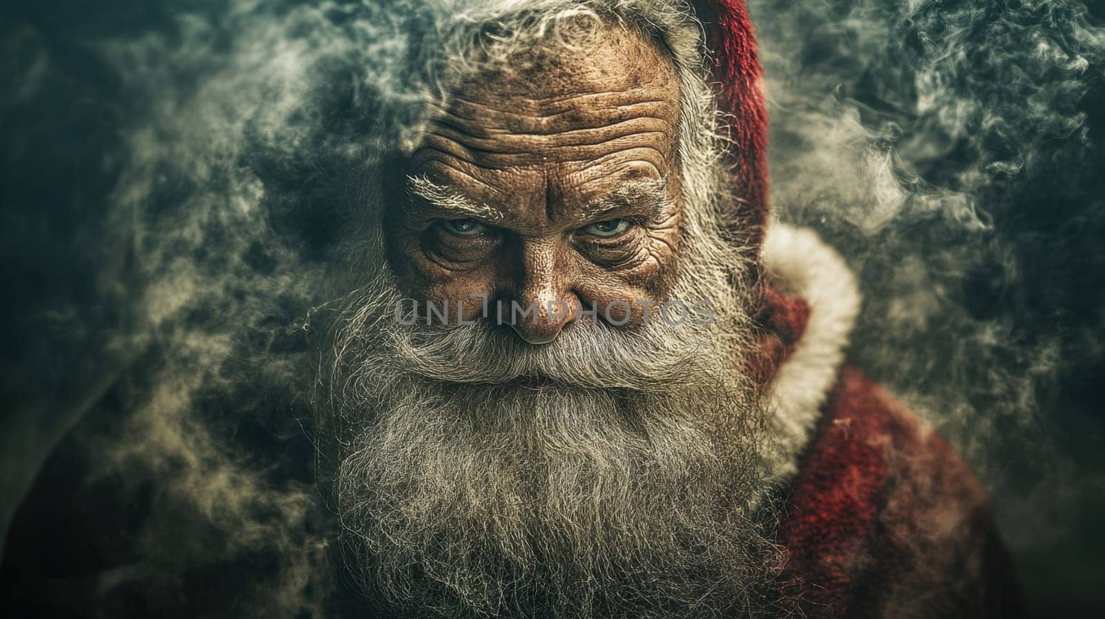A bearded Santa Claus gazes intensely while smoke swirls around him creating an enigmatic atmosphere on a winter evening.