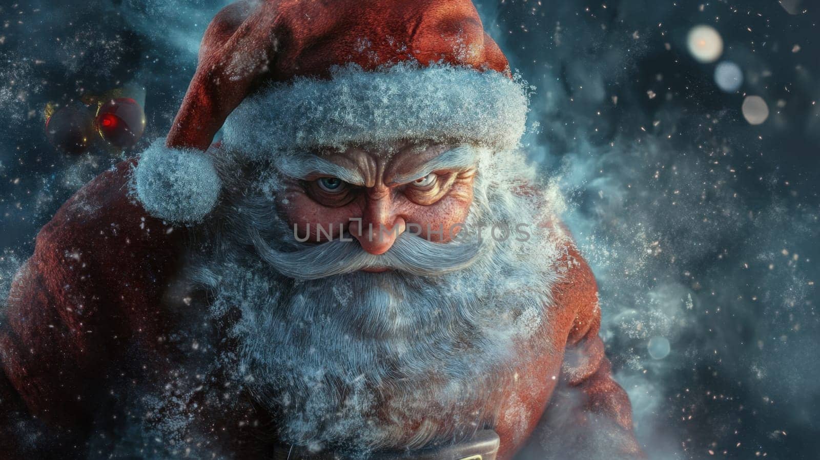 A determined Santa Claus braves the cold delivering gifts through a snowy landscape filled with swirling snowflakes and festive cheer.