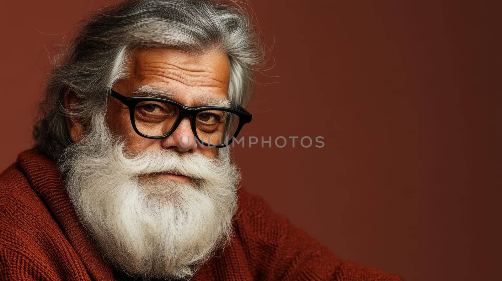 An elderly man with striking silver hair and a full beard wears glasses and a cozy sweater while posing against a warm backdrop.