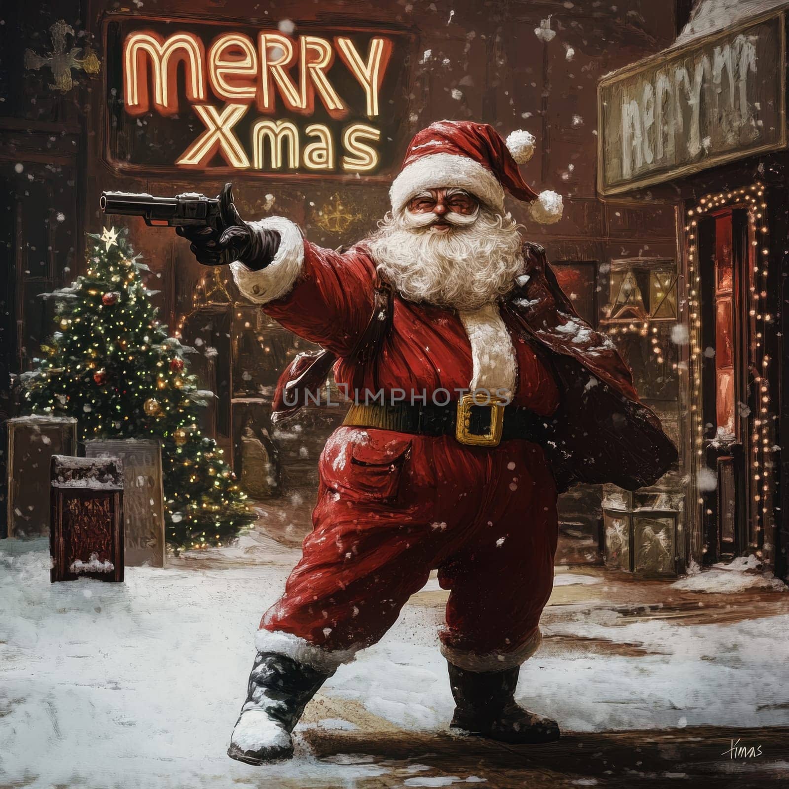 A unique Santa stands confidently in the snow holding a gun amidst festive decorations and a vibrant city backdrop.