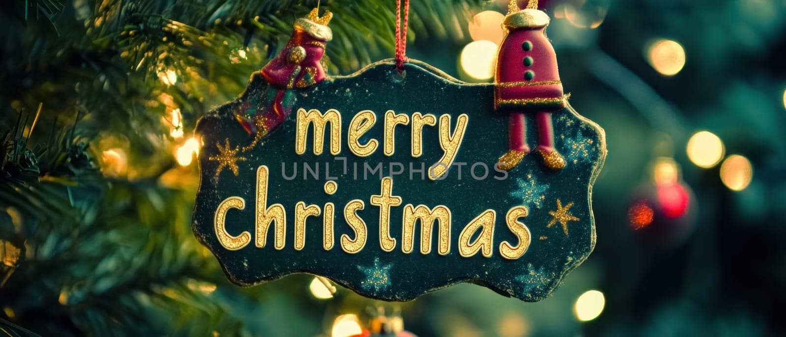 A festive sign saying Merry Christmas hangs from a beautifully adorned tree adorned with lights and ornaments during the holiday season.