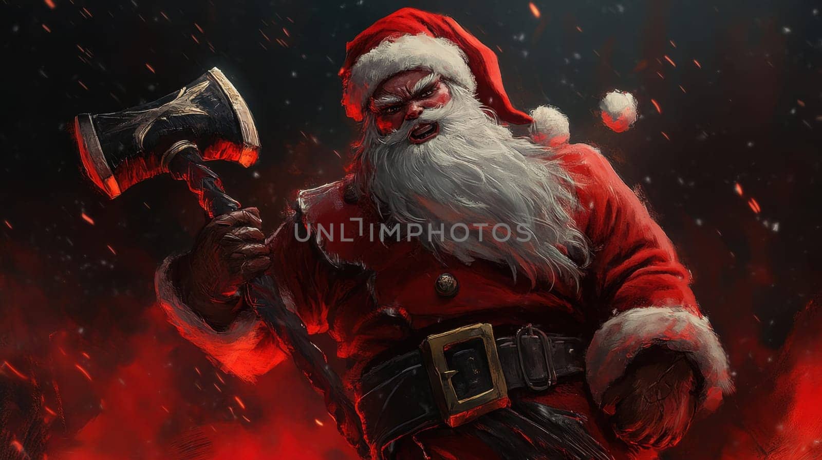 A fierce Santa Claus stands confidently in a dramatic landscape brandishing an axe with a fiery backdrop creating an intense atmosphere.
