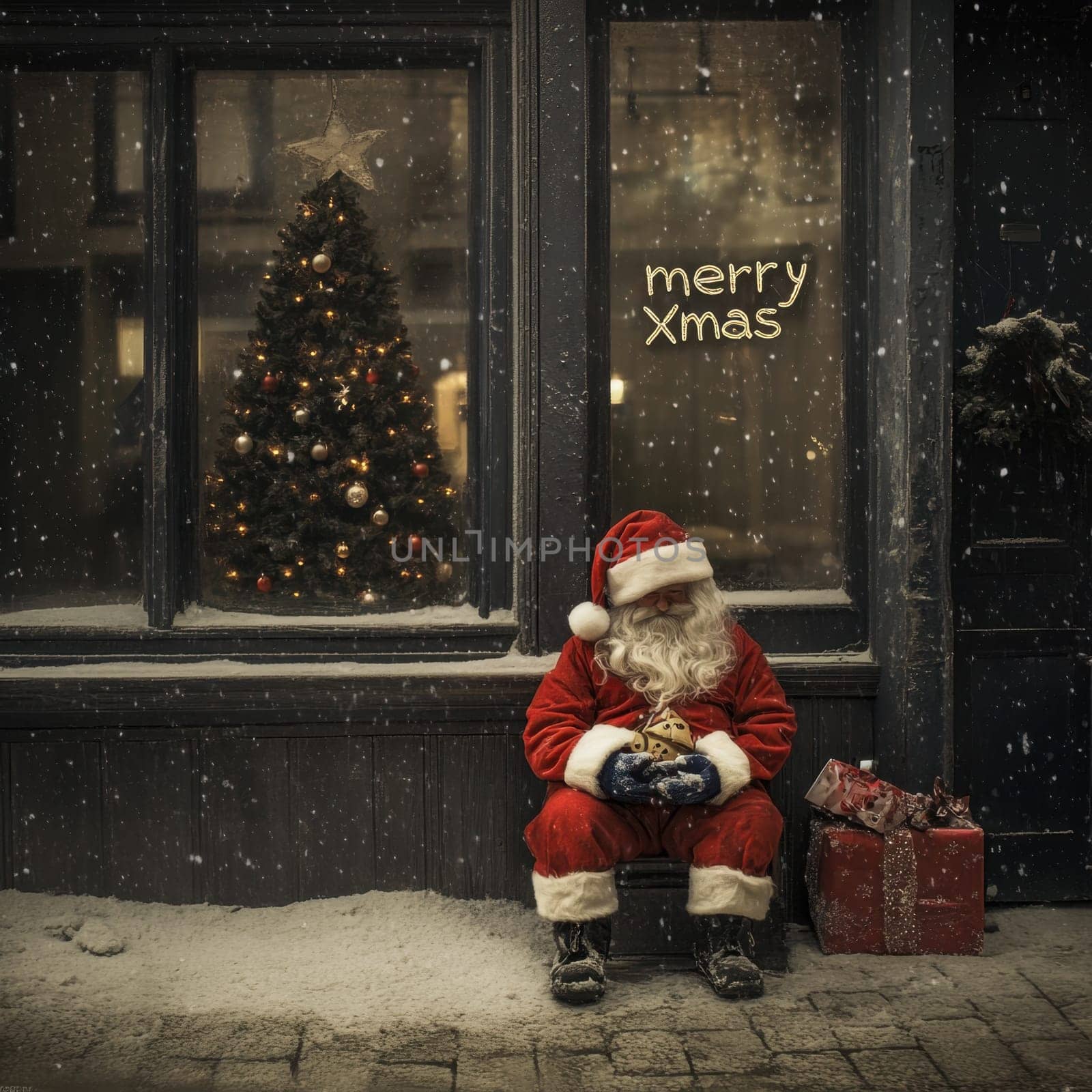 A cheerful Santa Claus rests beside a Christmas tree outside a shop snow gently falling around the festive decorations and gifts.