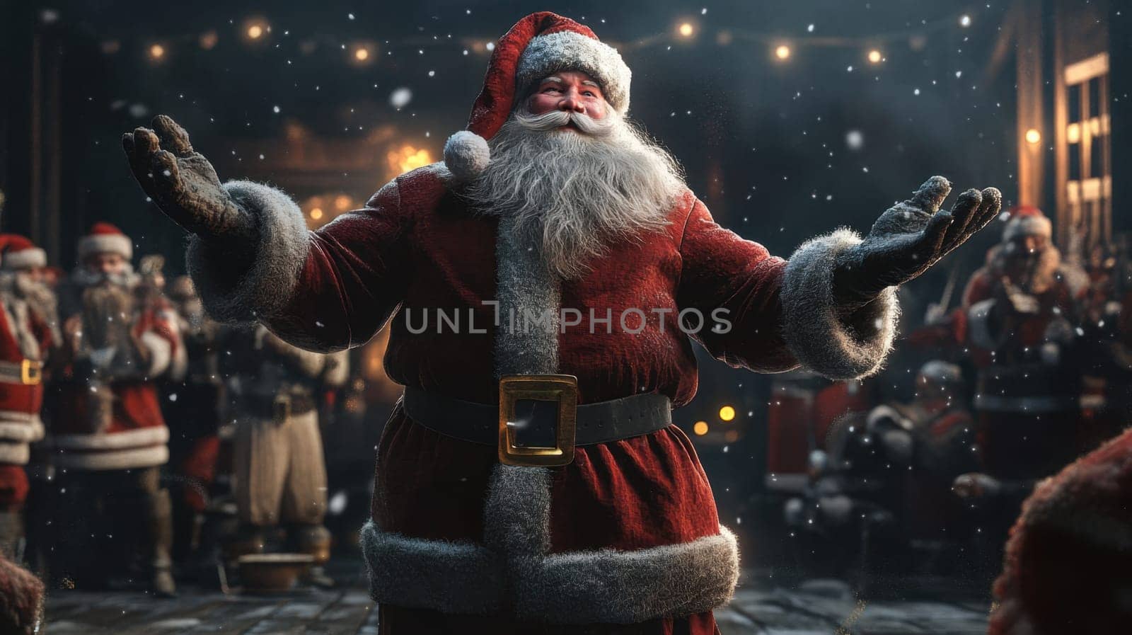 A cheerful Santa welcomes a lively crowd during a festive Christmas celebration surrounded by joyful spirits and decorations.