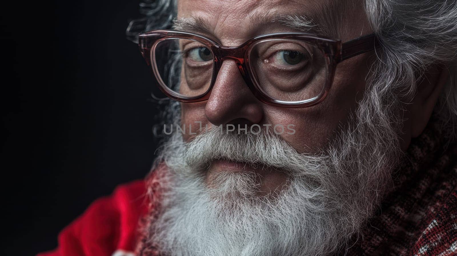 An elderly man with a white beard and glasses gazes thoughtfully wearing a red sweater radiating warmth and wisdom.
