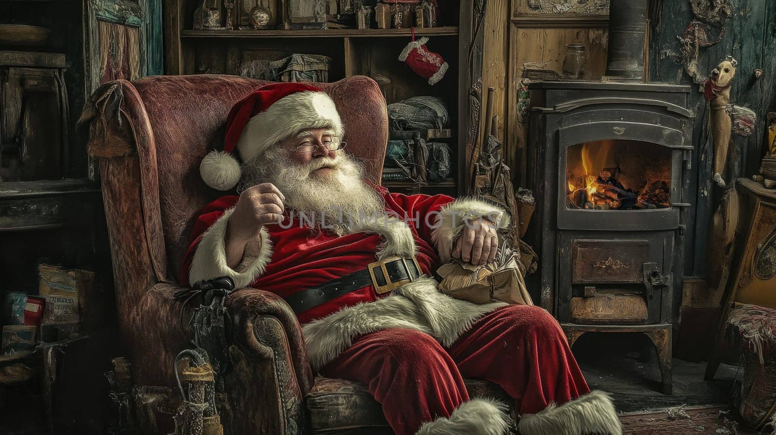 Santa Claus enjoys a peaceful moment by the fireplace surrounded by holiday decorations in his charming workshop.