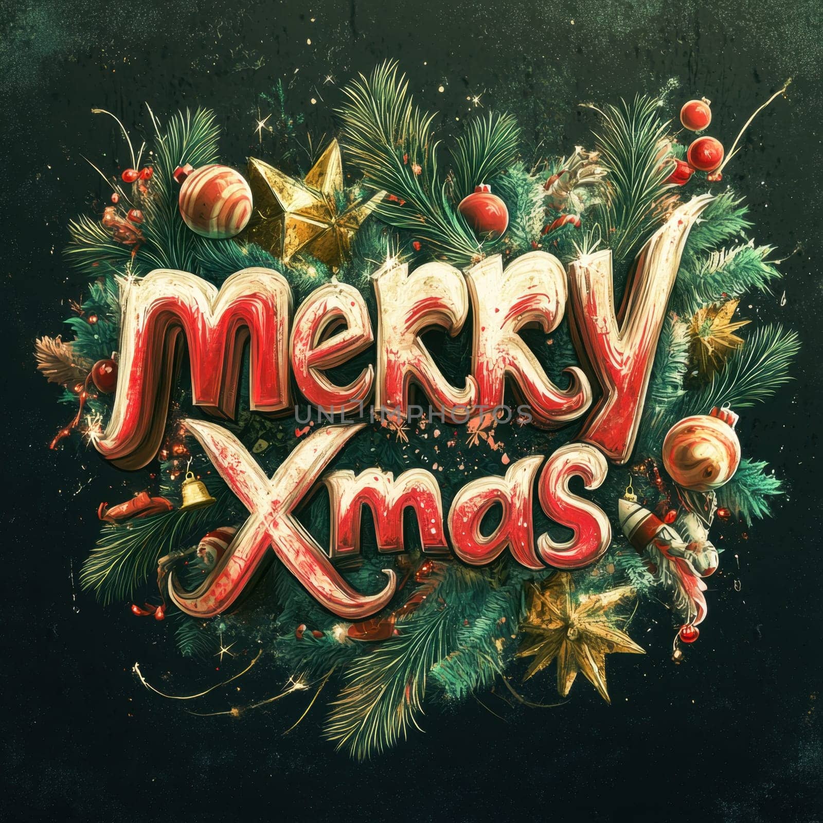 A vibrant holiday greeting showcases the words Merry Xmas surrounded by ornaments pine branches and golden stars enhancing the festive spirit.