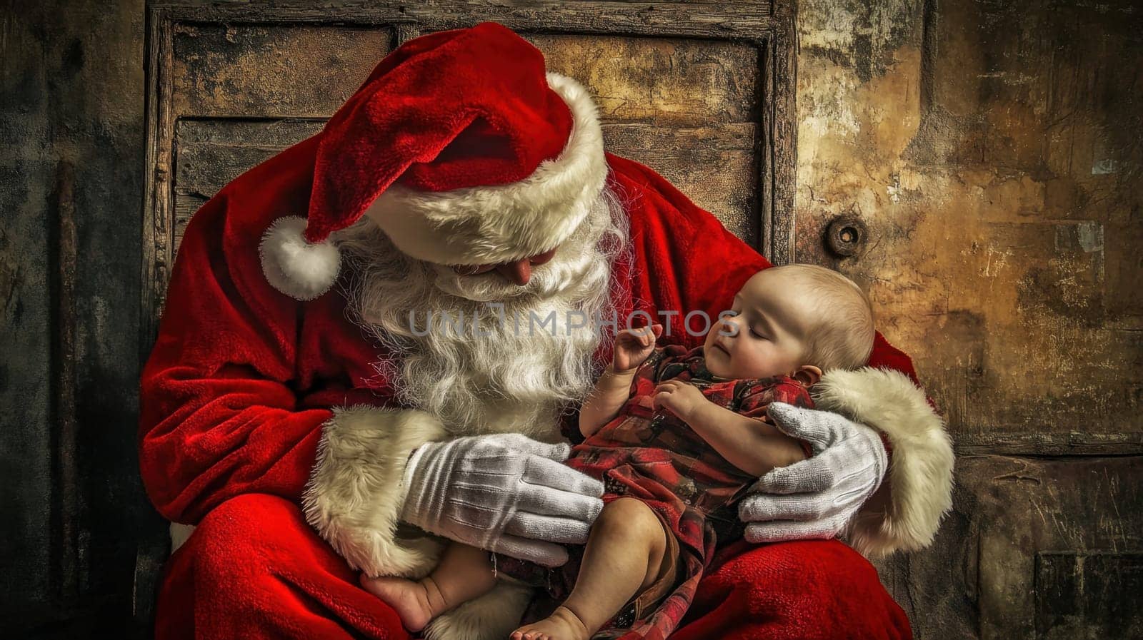A joyful Santa Claus gently cradles a baby sharing a heartwarming moment in a festive atmosphere during the holiday season.