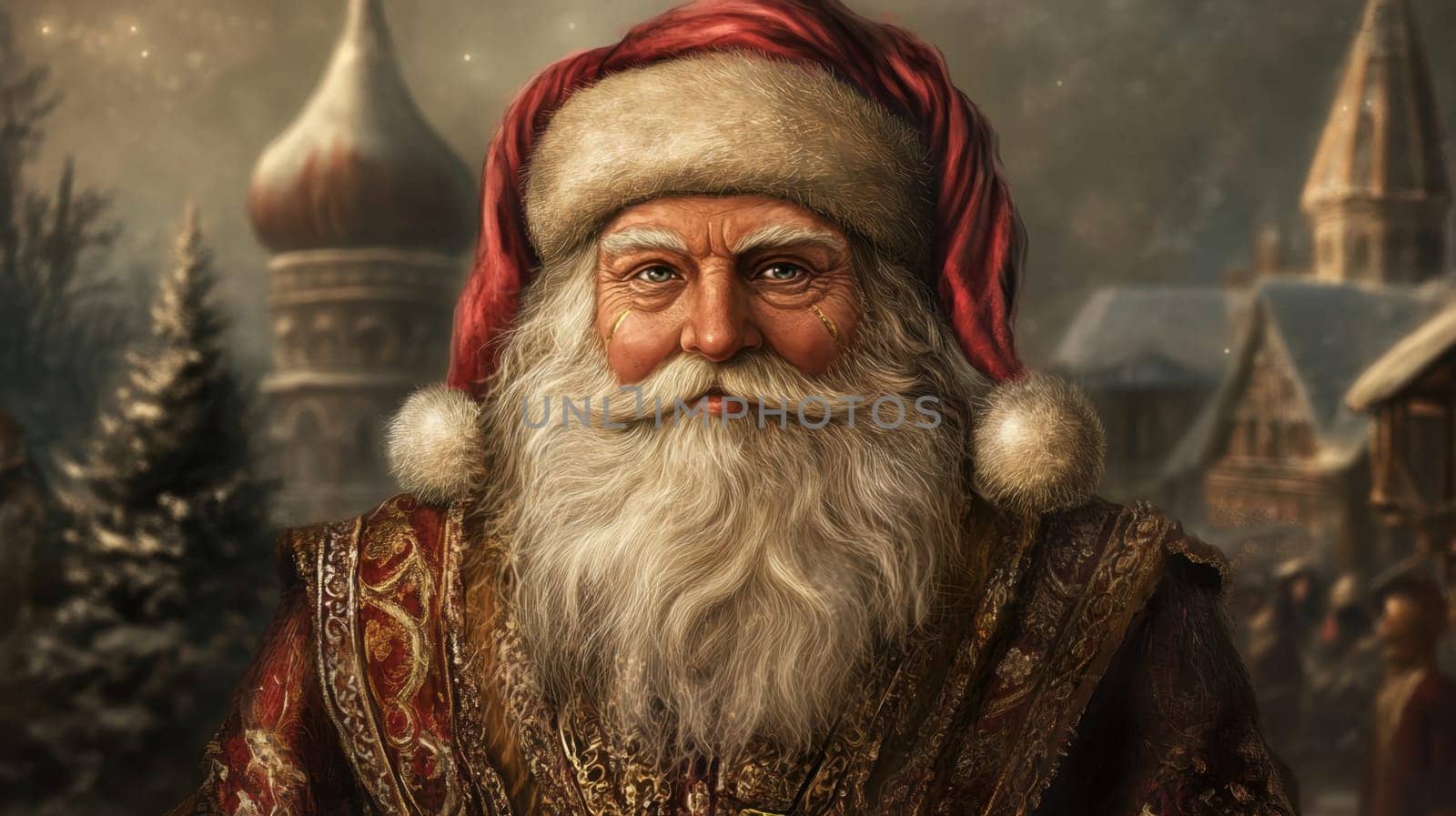A warm portrait of Santa Claus wearing classic attire against a winter village backdrop evoking holiday spirit and cheer.
