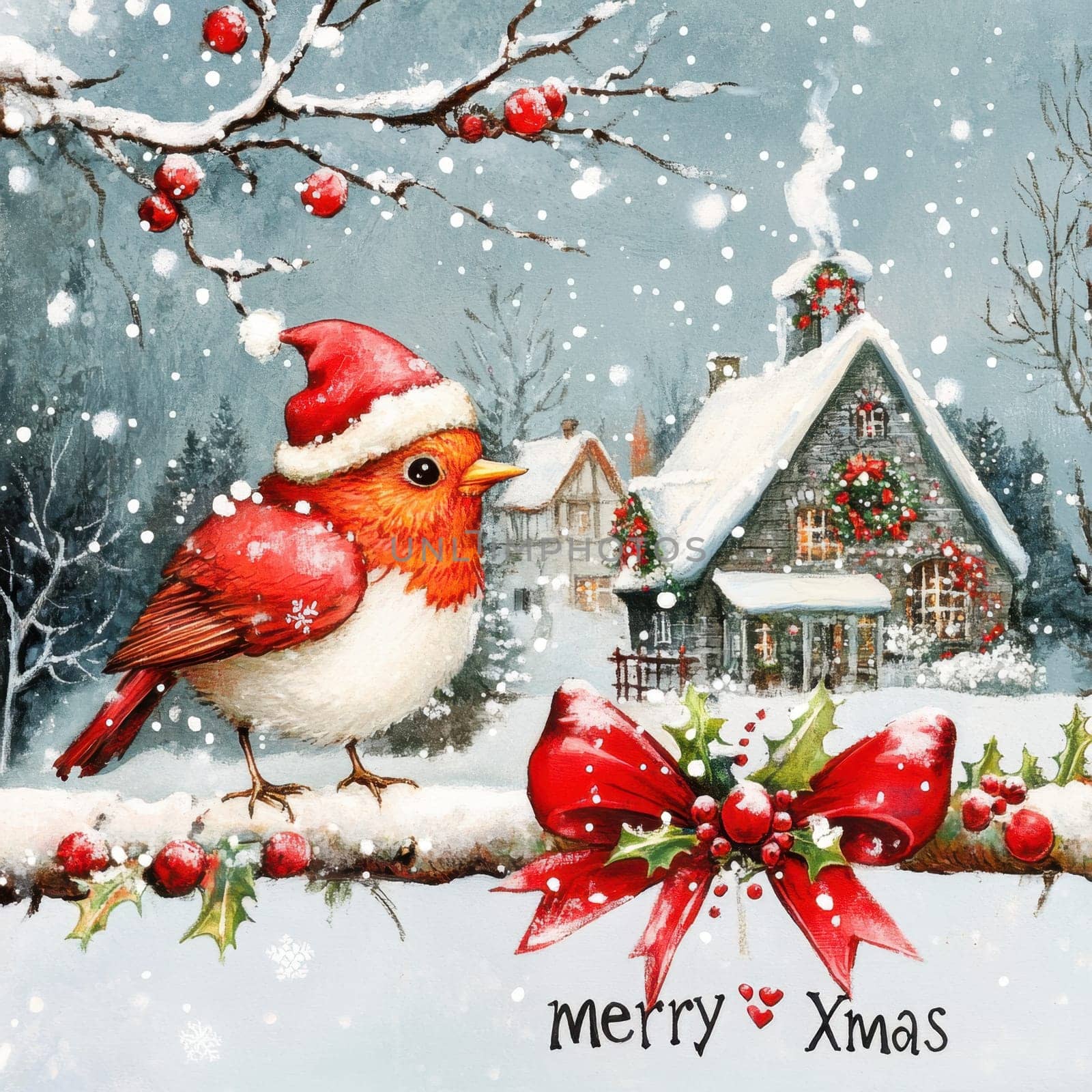 A red bird wearing a hat perches on a snowy branch while a cozy cottage glows nearby celebrating the festive winter holiday.