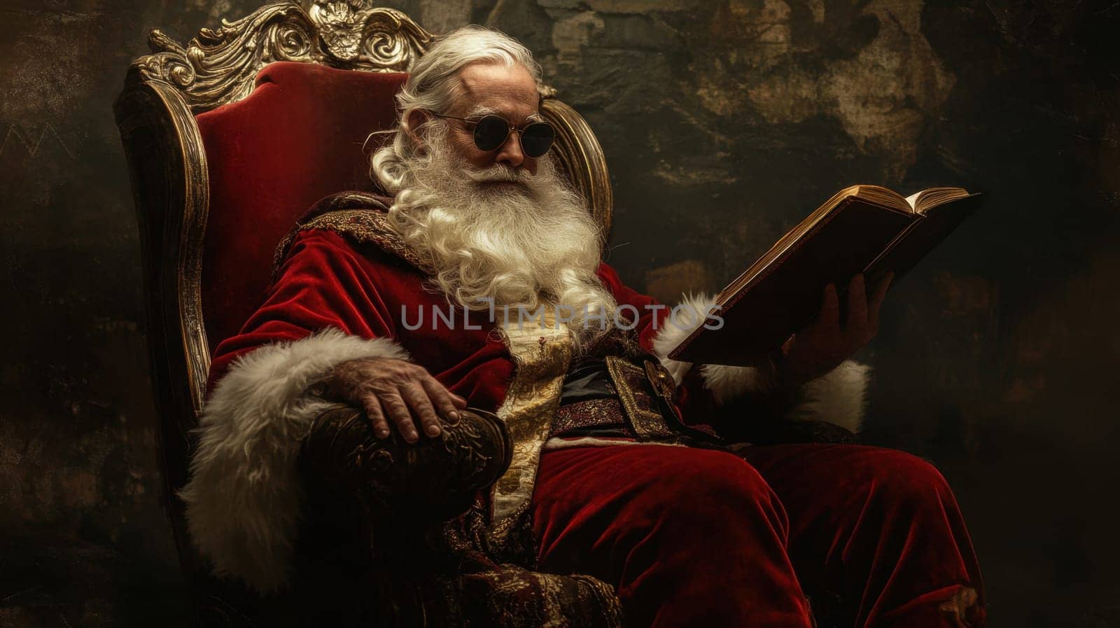 An elderly man dressed as Santa Claus relaxes on an ornate throne while reading a large book embodying a festive and whimsical atmosphere.