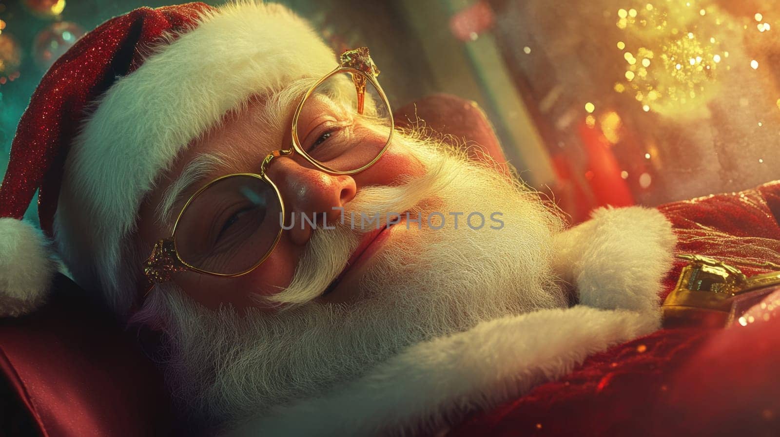 A joyful Santa Claus lounges comfortably surrounded by Christmas decorations enjoying the festive atmosphere with a warm smile.