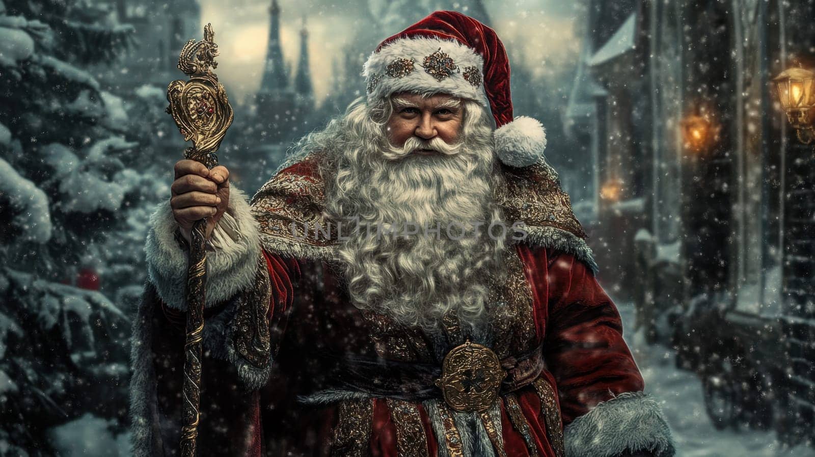 A jolly figure dressed in red stands in a snowy village holding a staff while snowflakes gently fall around him.