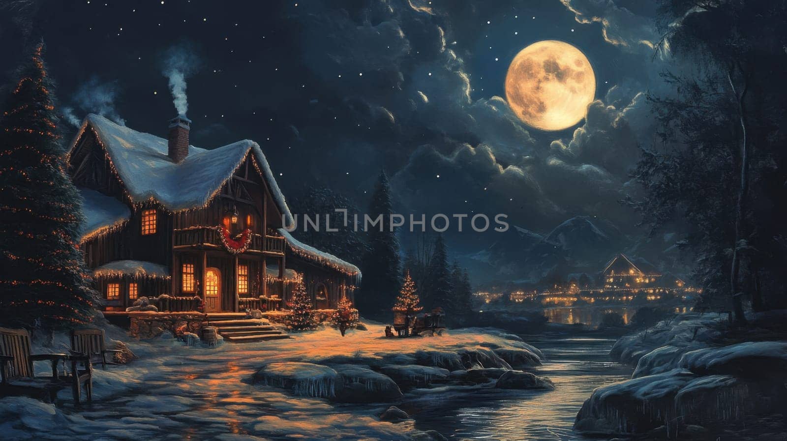 A charming cabin adorned with snow and warm lights stands beside a calm river under a bright full moon amidst a snowy landscape.